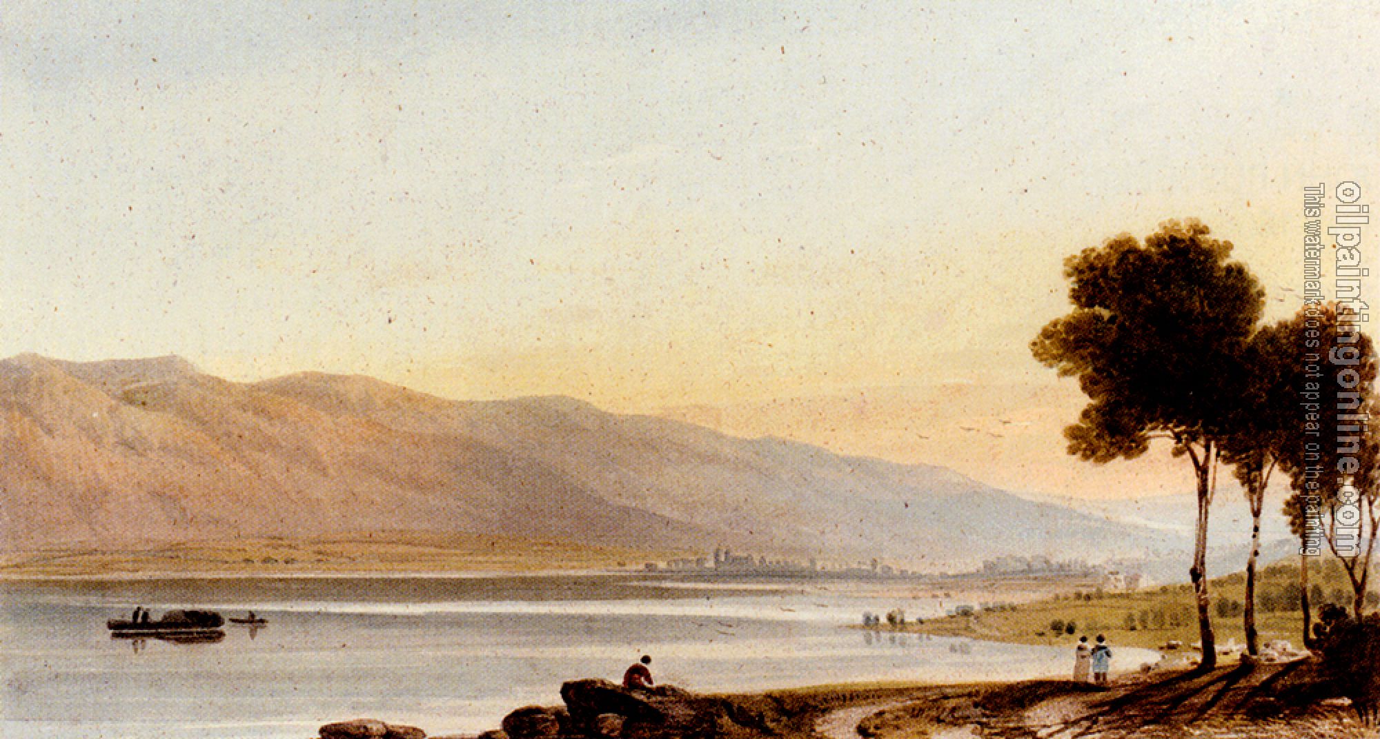 John Varley - Figures And Sheep On The Shore Of Lake Geneva